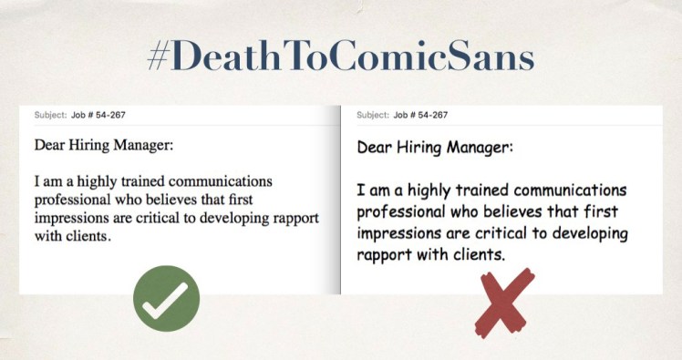 Two emails side-by-side. One uses Times font and looks professional, while the other uses Comic Sans font and looks immature.