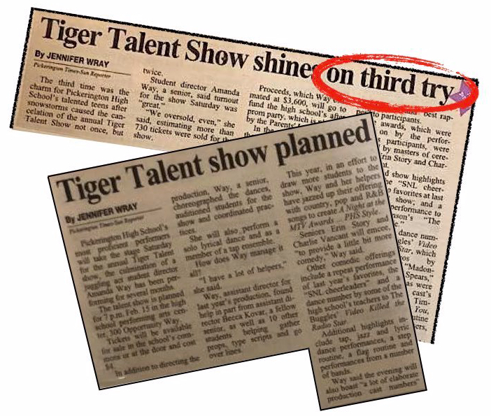 Articles about the planning--and postponing--of a talent show and its eventual success.
