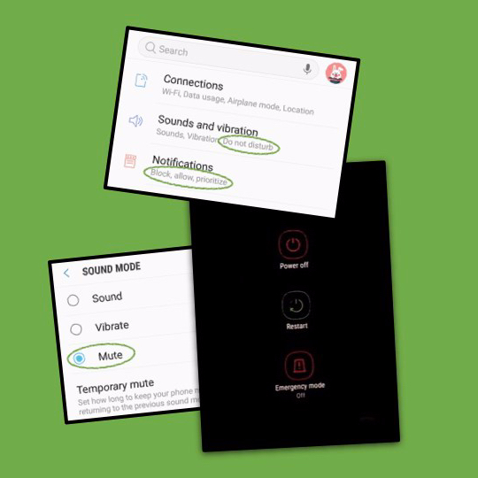Picture of phone powering off, and screens for muting and blocking notifications
