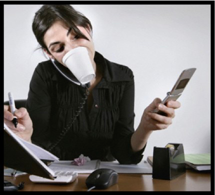 Woman writing with a pen, drinking from a sup, dialing a phone and using a computer.
