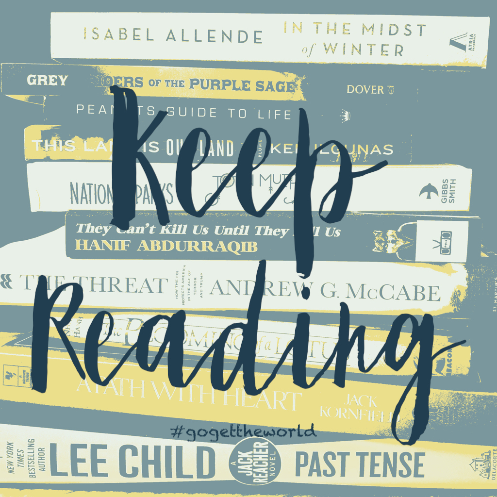 Eclectic stack of books with title "Keep reading."